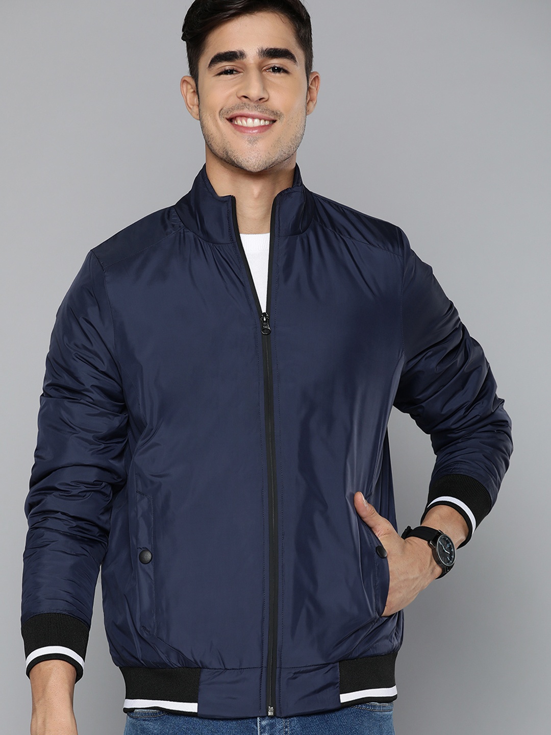 

Mast & Harbour Men Navy Blue Solid Padded Jacket