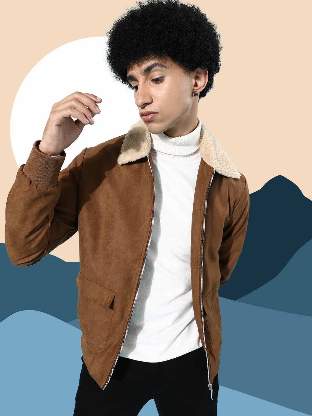 

Mast & Harbour Men Tan Brown Solid Suede Bomber Jacket with Fur Collar