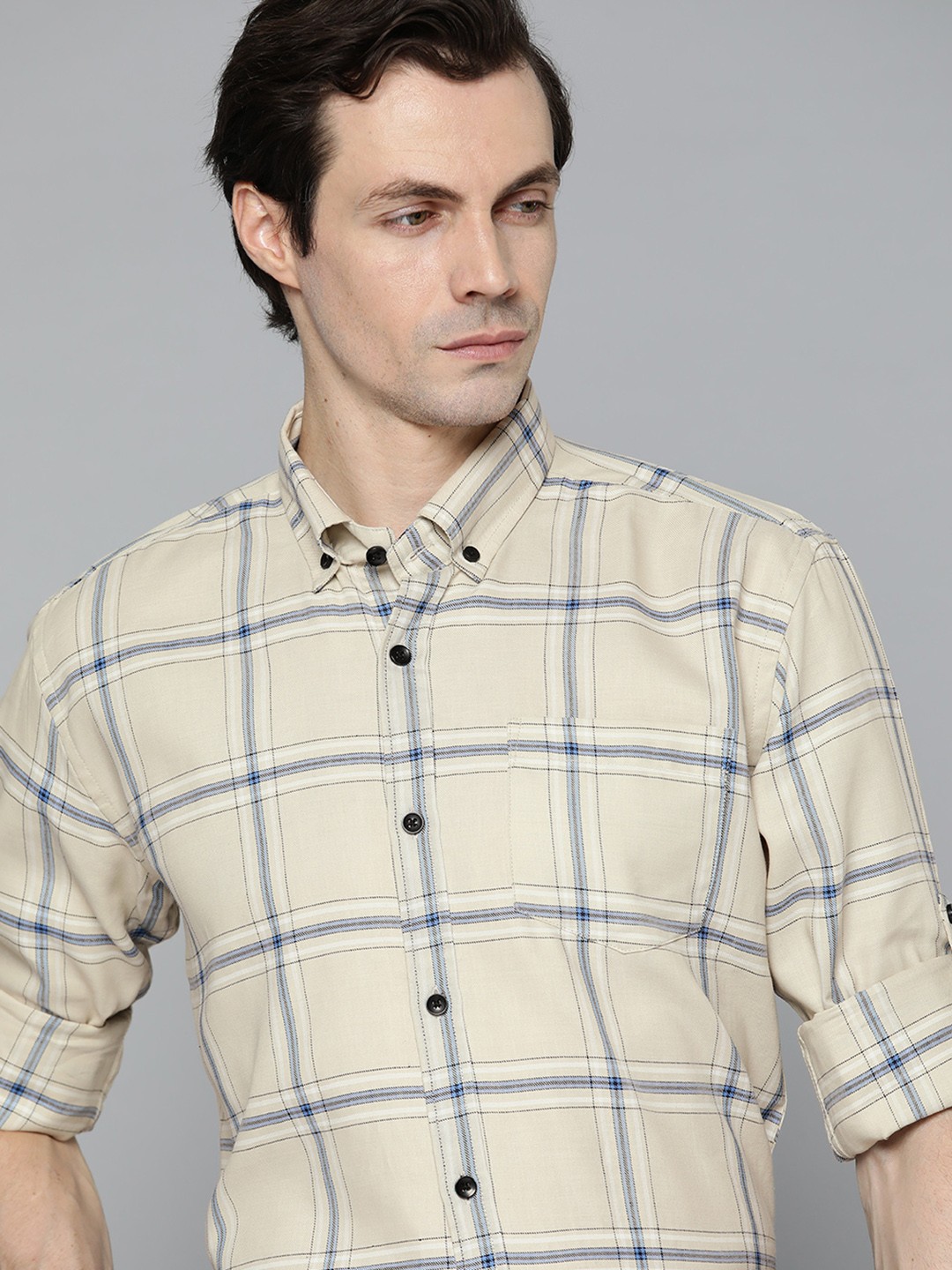 

DENNISON Men Cream-Coloured Cotton Smart Slim Fit Checked Formal Shirt