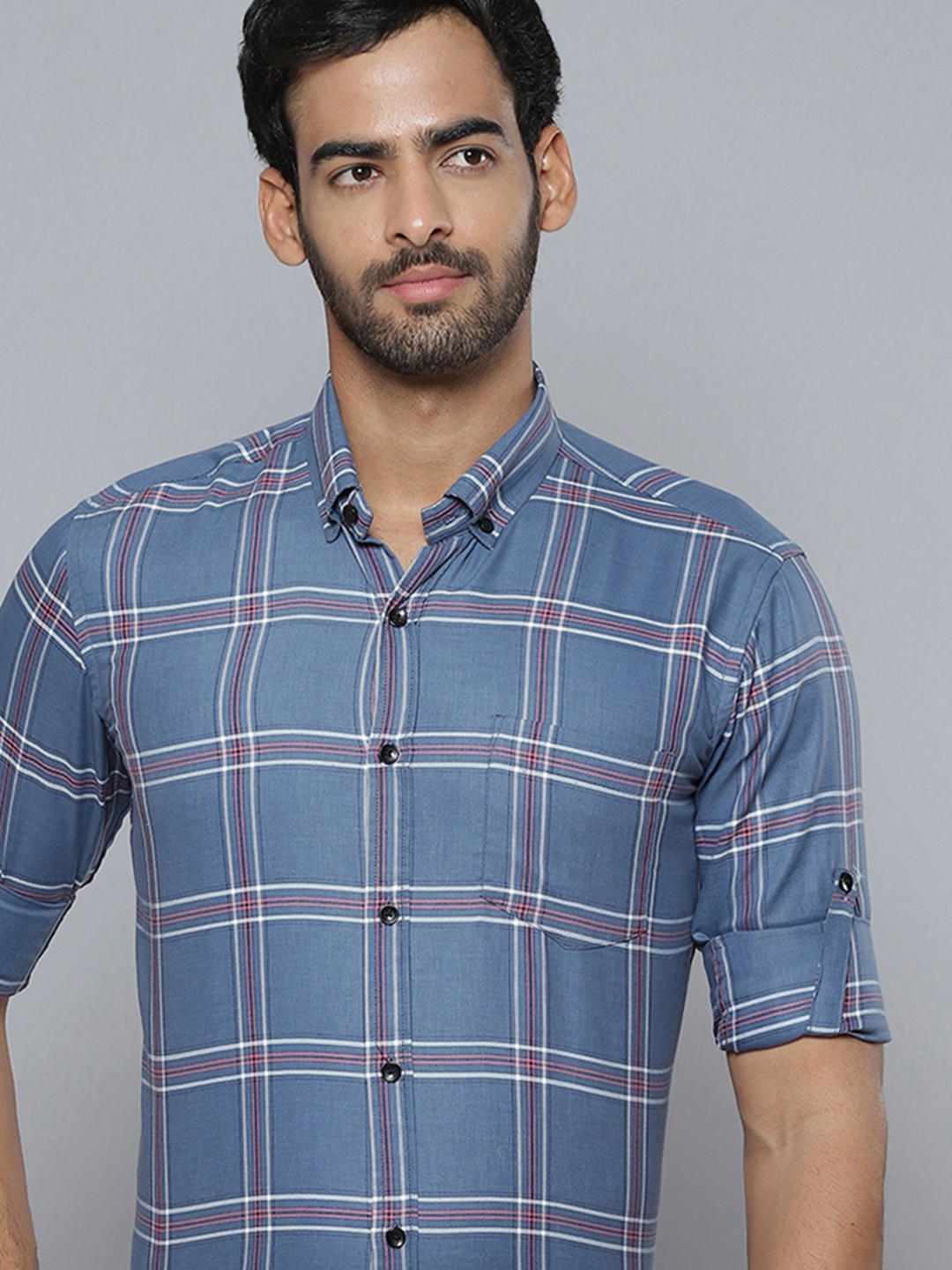 

DENNISON Men Blue Smart Slim Fit Checked Formal Shirt