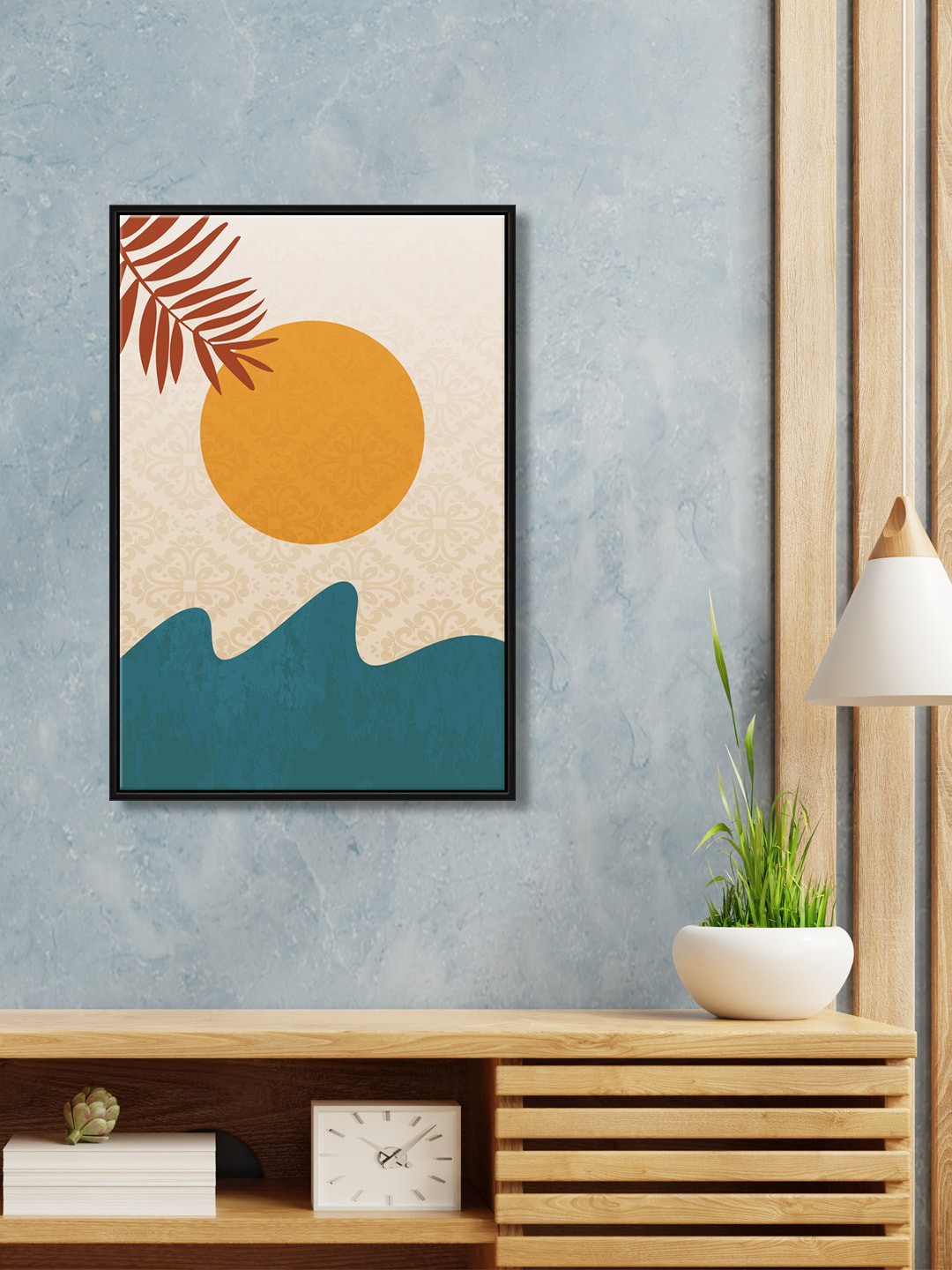 

999Store Blue &Yellow Mountain With Sun Leaves Canvas Wall Art