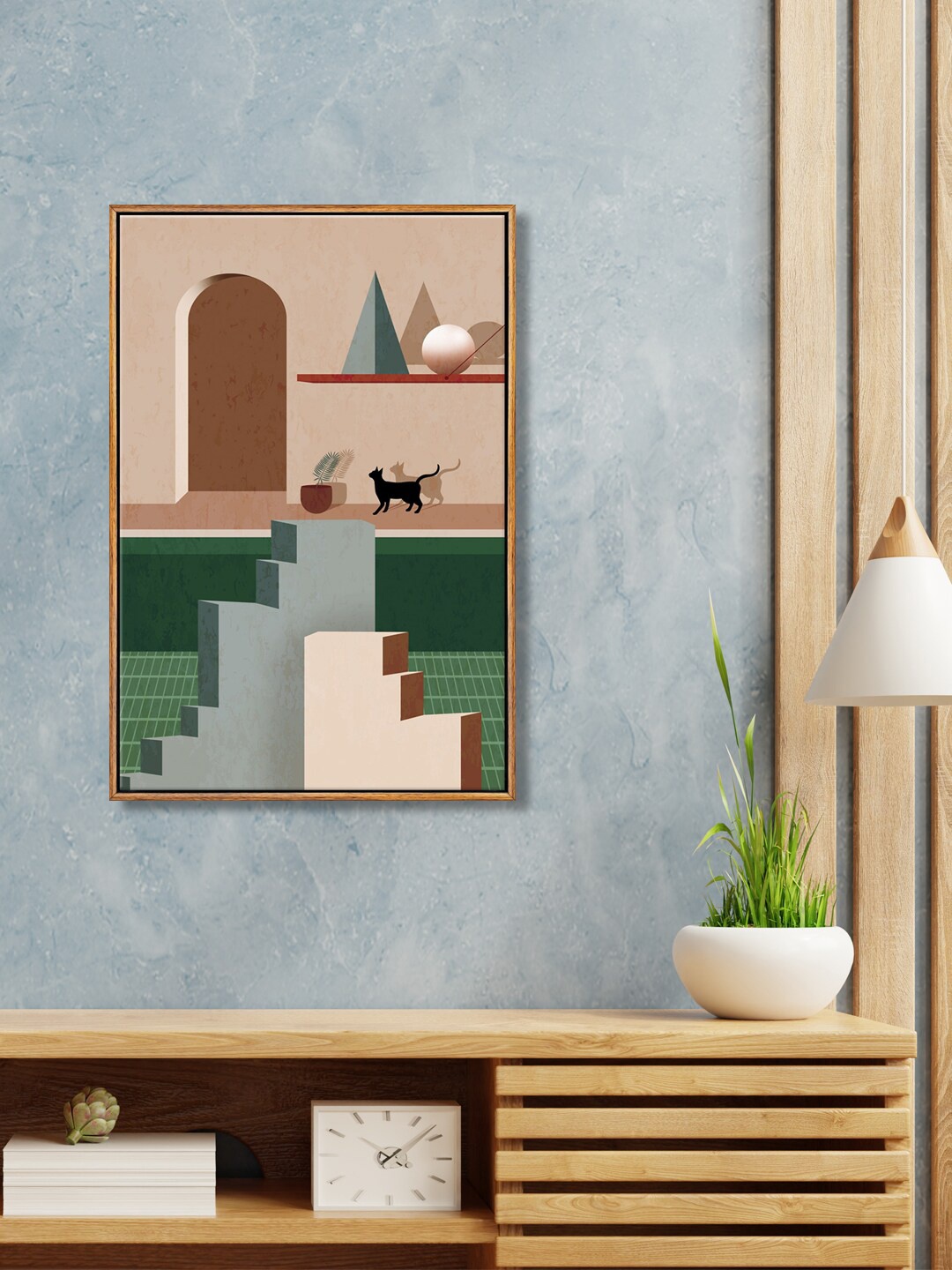 

999Store Green& Beige Home Entry Vastu Abstract And Cat Canvas Wall Art