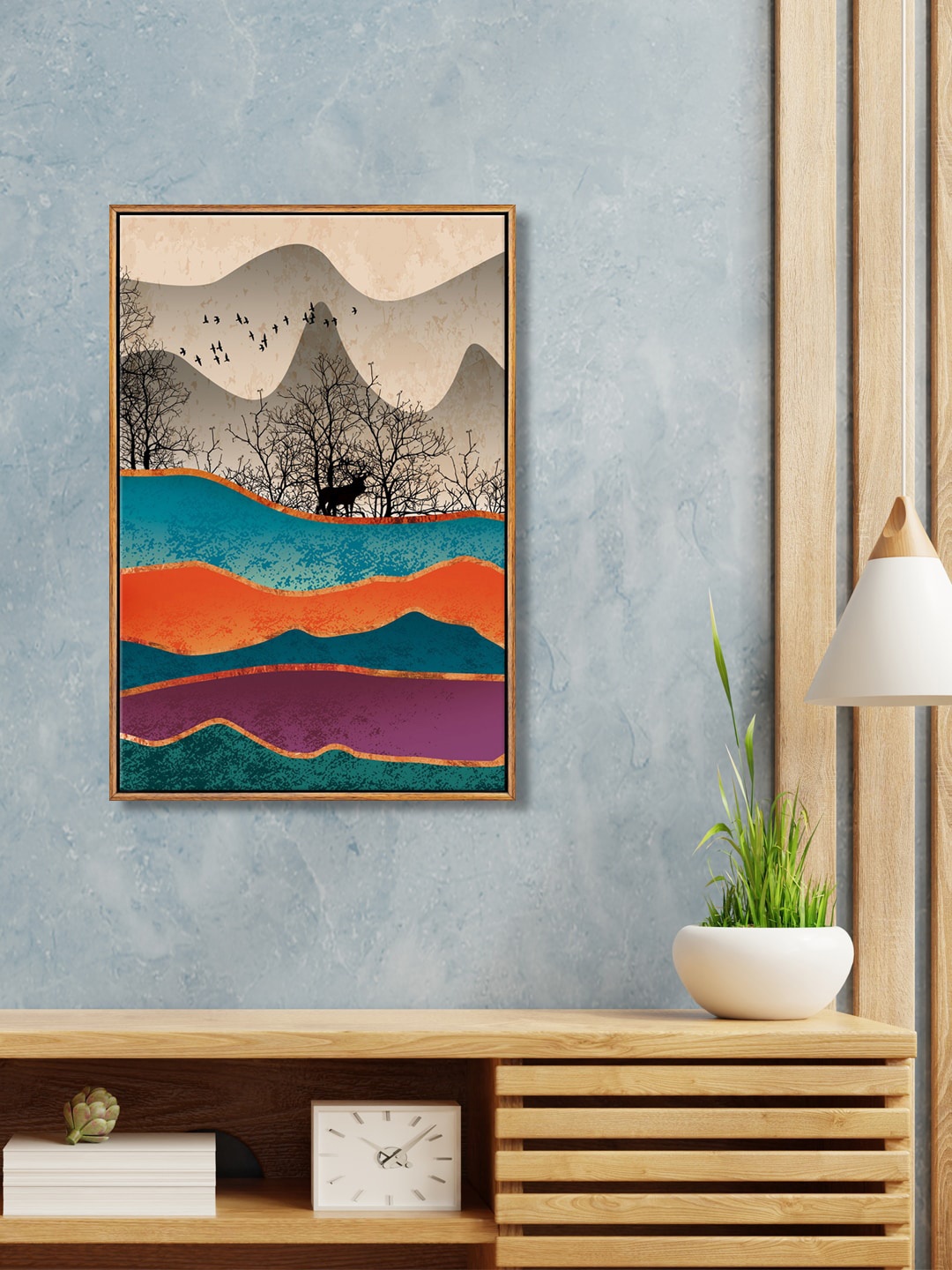 

999Store Brown & Black Mountain And Flying Birds With Tree Printed Framed Wall Painting
