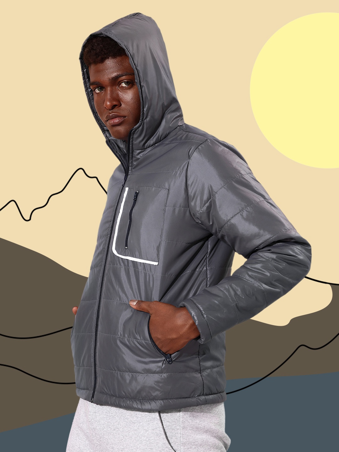 

Mast & Harbour Men Charcoal Grey Solid Padded Jacket with Zip Detail
