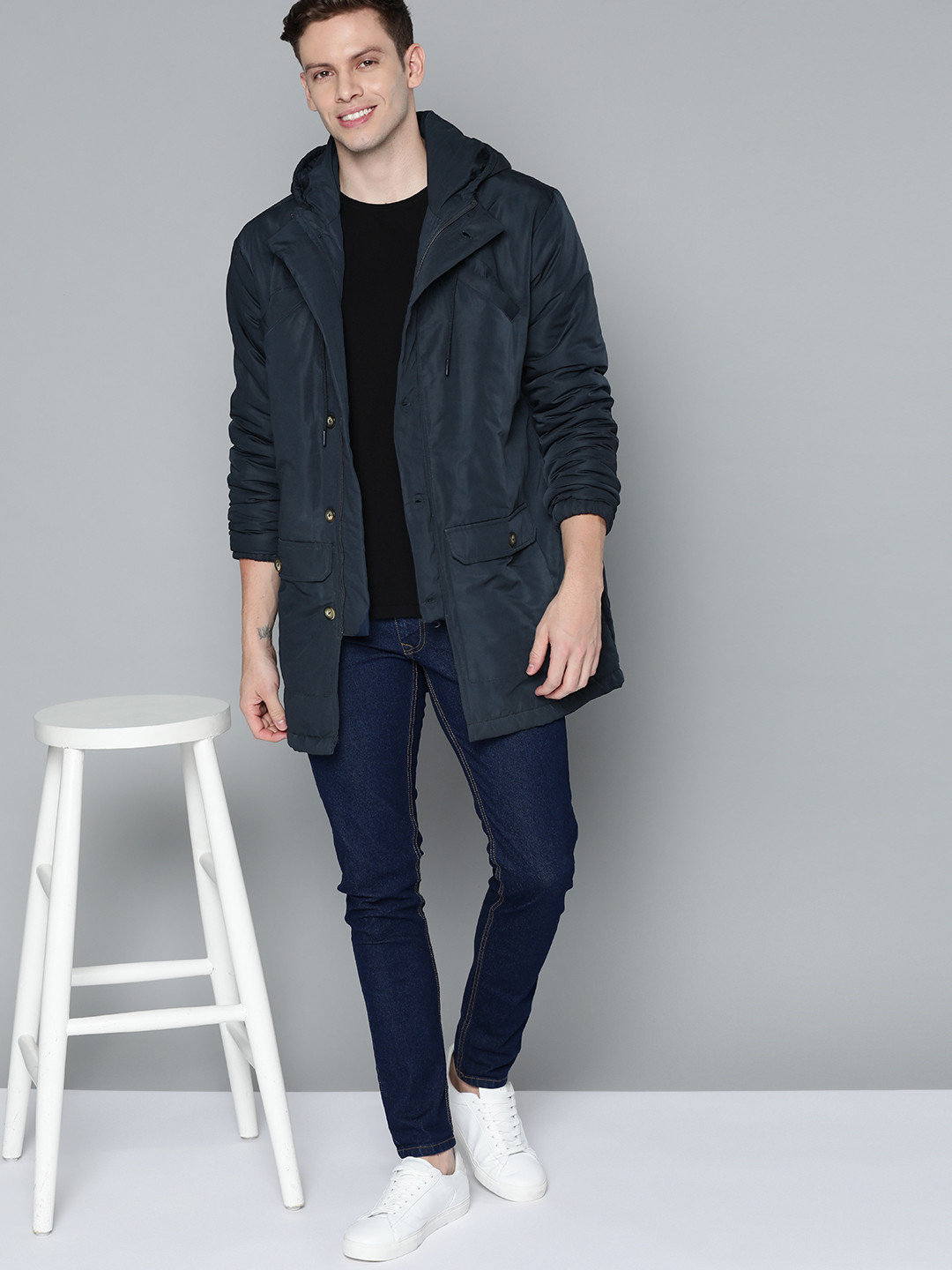 

Mast & Harbour Men Navy Blue Solid Hooded Longline Padded Jacket