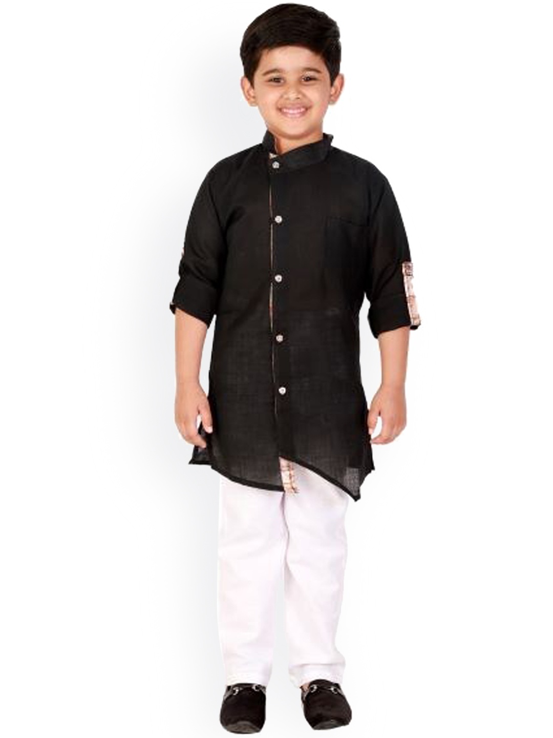 

DKGF FASHION Boys Black Angrakha Kurta with Pyjamas