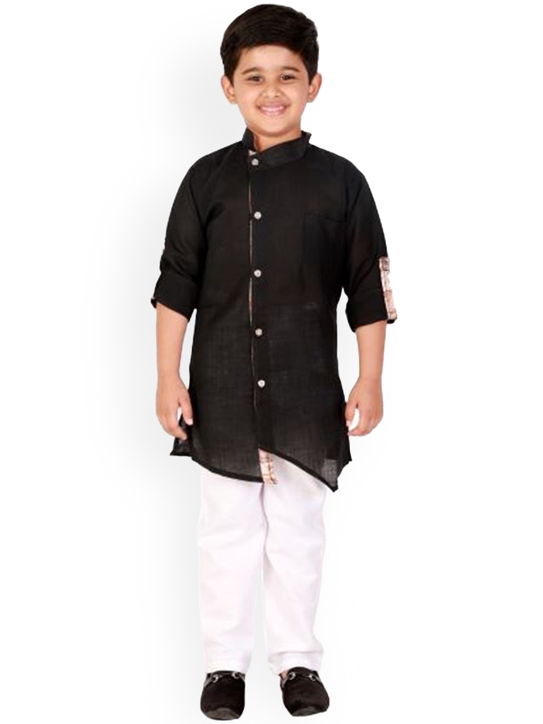 

DKGF FASHION Boys Black Angrakha Kurta with Pyjamas