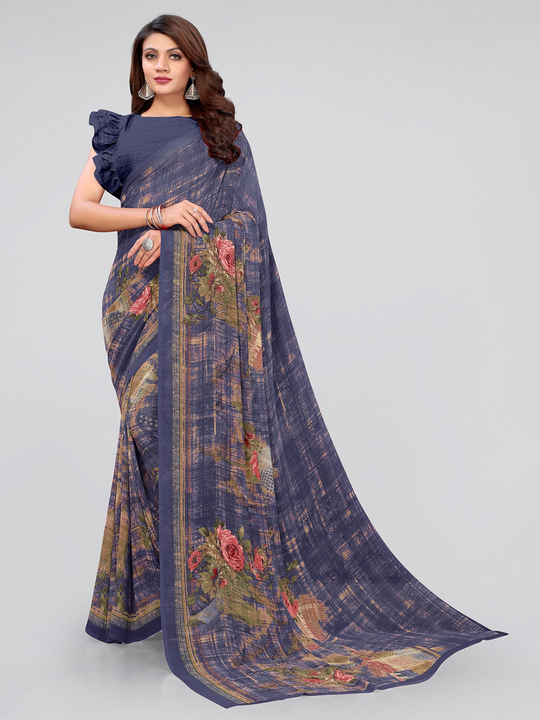 

MIRCHI FASHION Navy Blue & Red Floral Saree