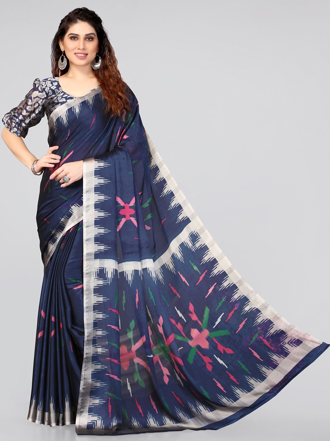 

MIRCHI FASHION Navy Blue & Pink Ikat Saree