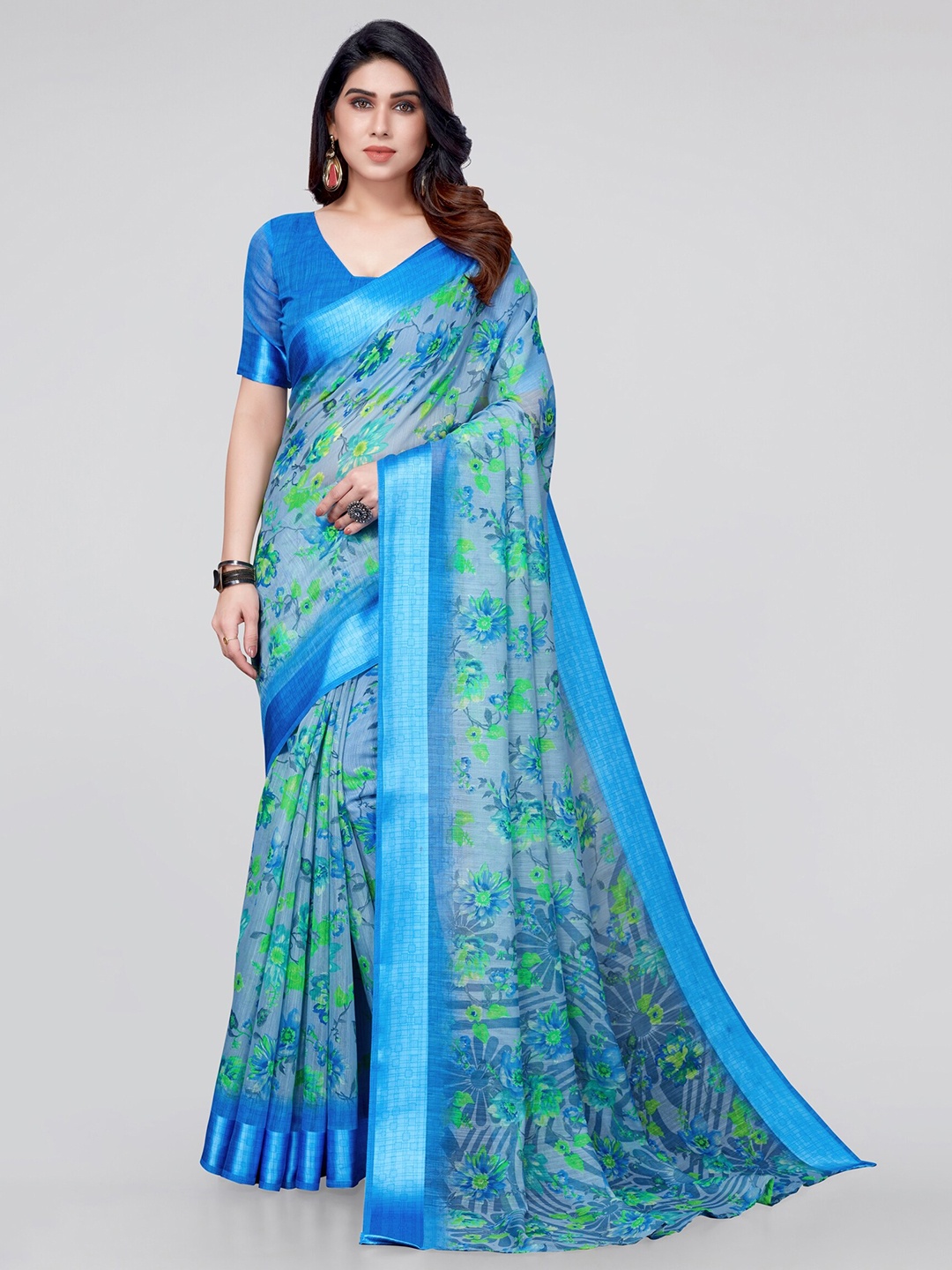 

MIRCHI FASHION Blue & Green Floral Saree
