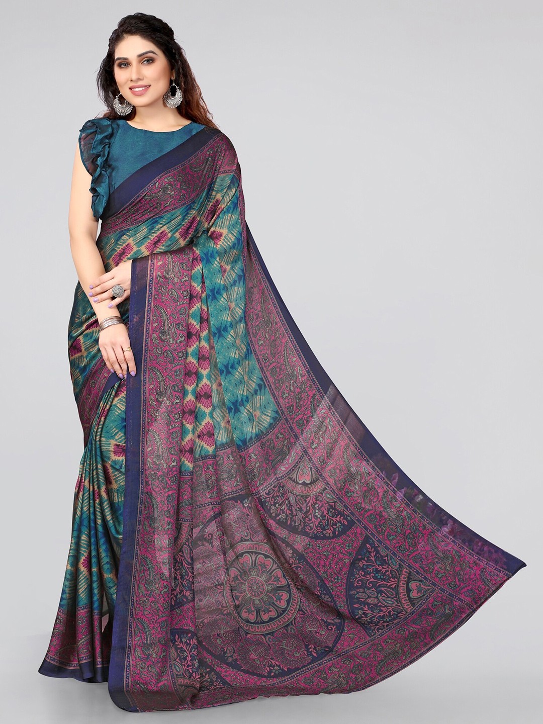 

KALINI Blue & Pink Kalamkari Saree
