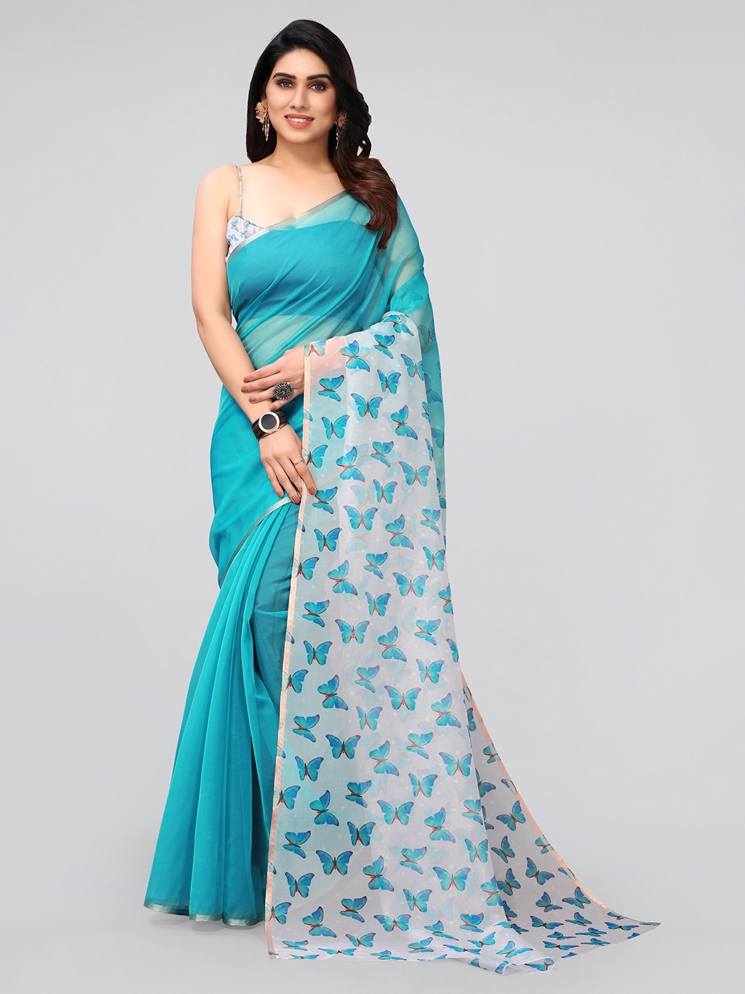 

MIRCHI FASHION Blue & Brown Zari Organza Saree