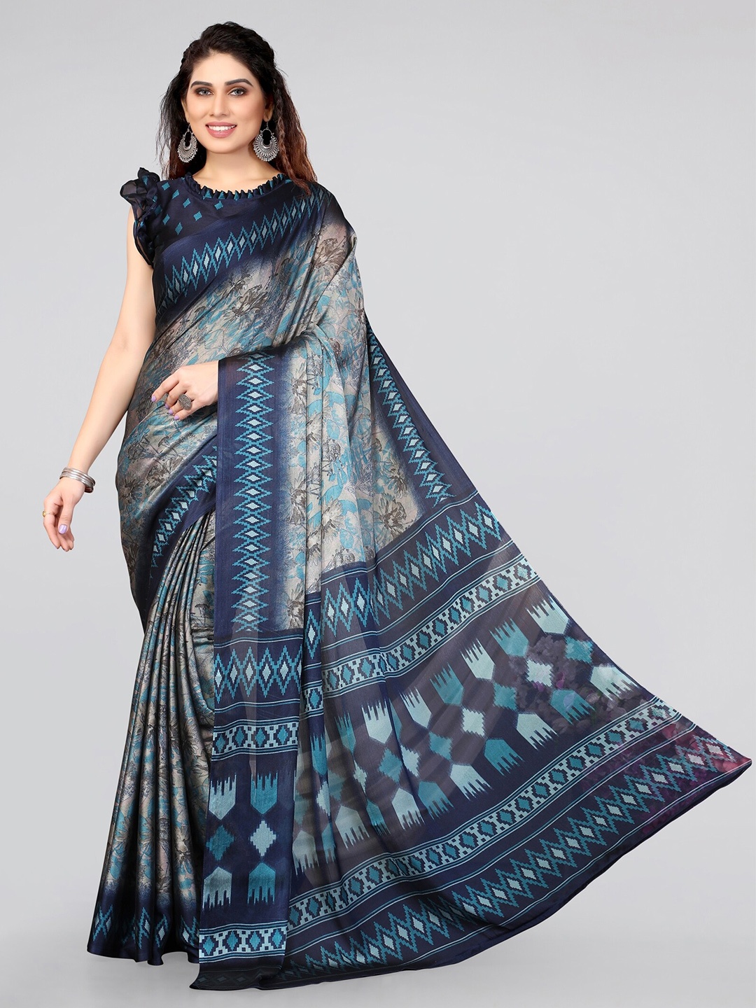

MIRCHI FASHION Grey & Blue Floral Saree
