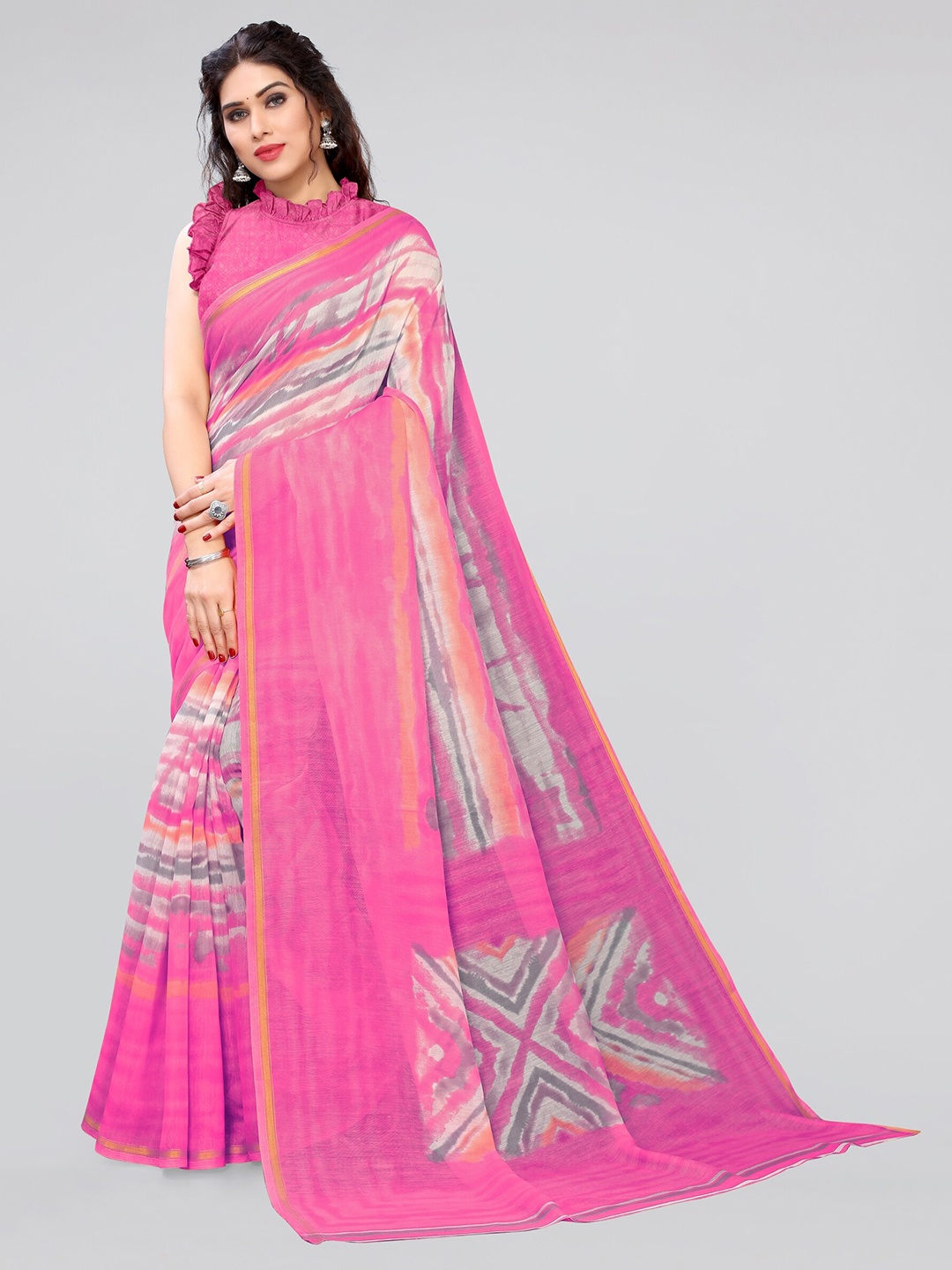 

MIRCHI FASHION Pink & Grey Tie and Dye Zari Saree