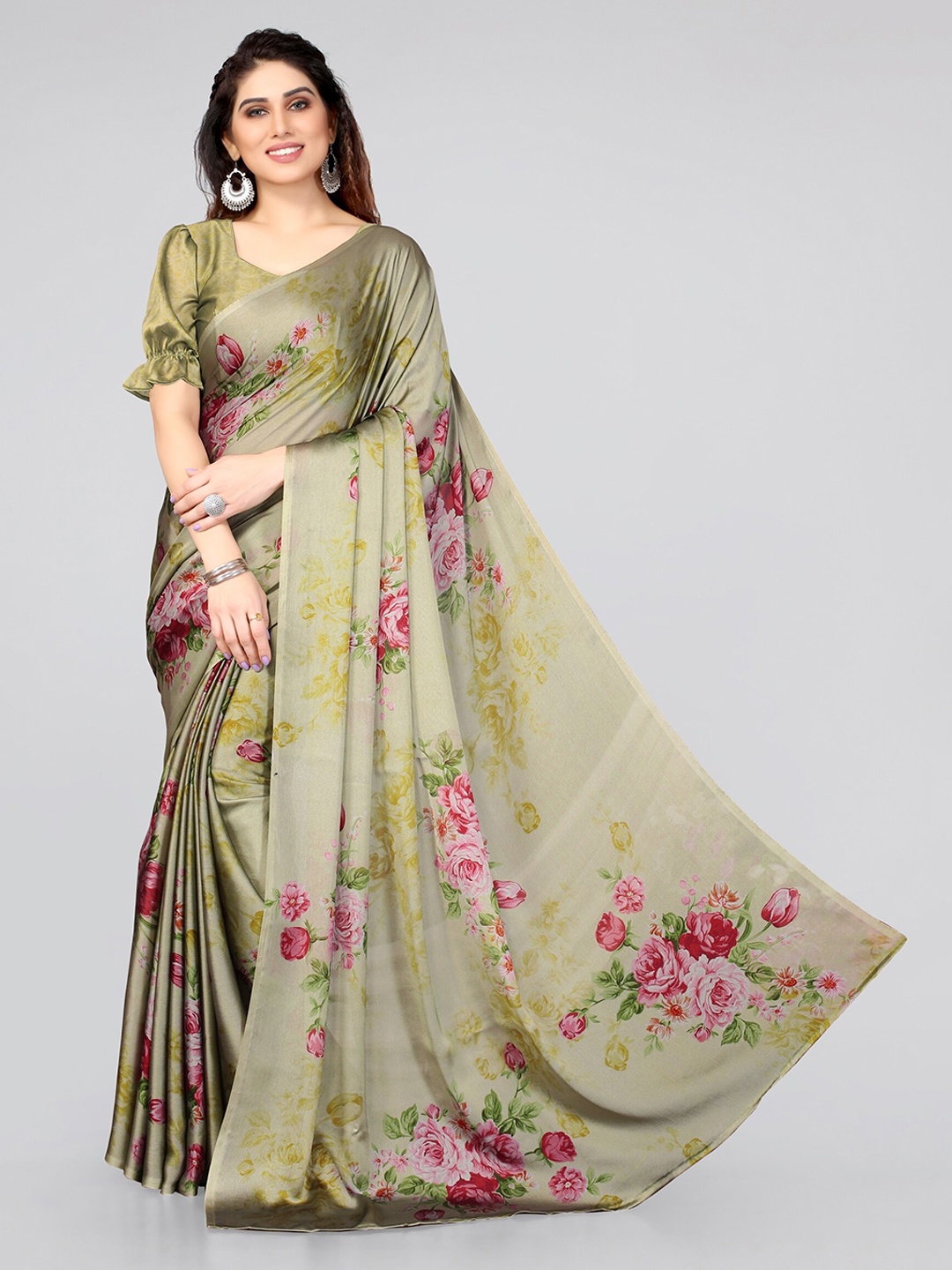 

MIRCHI FASHION Olive Green & Red Floral Saree