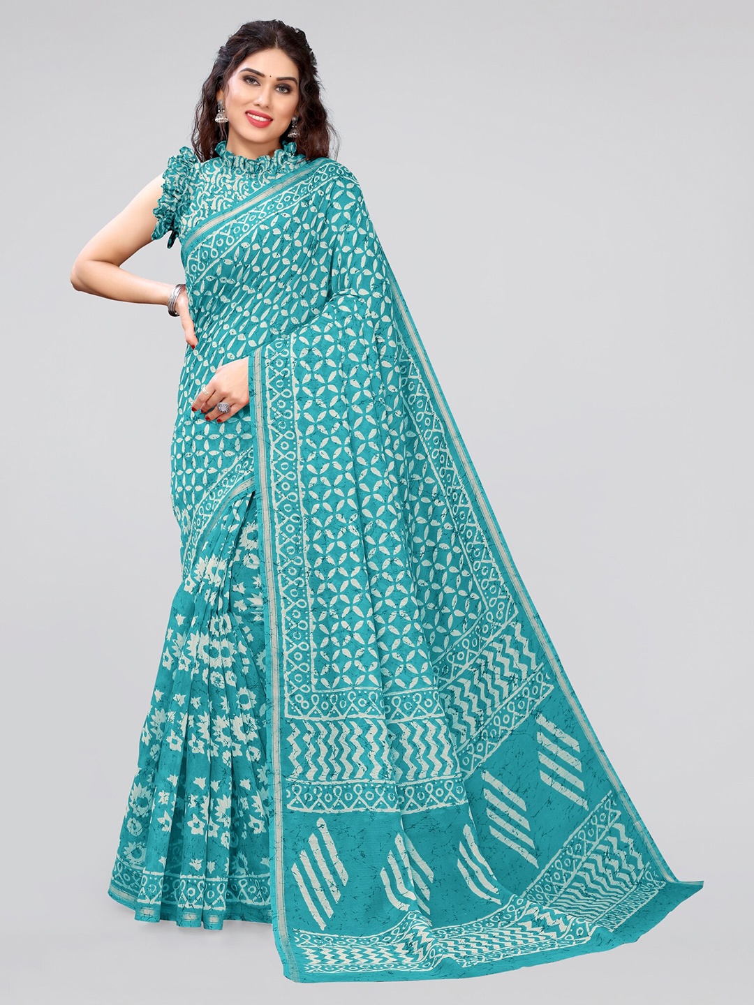 

MIRCHI FASHION Turquoise Blue & White Batik Zari Saree