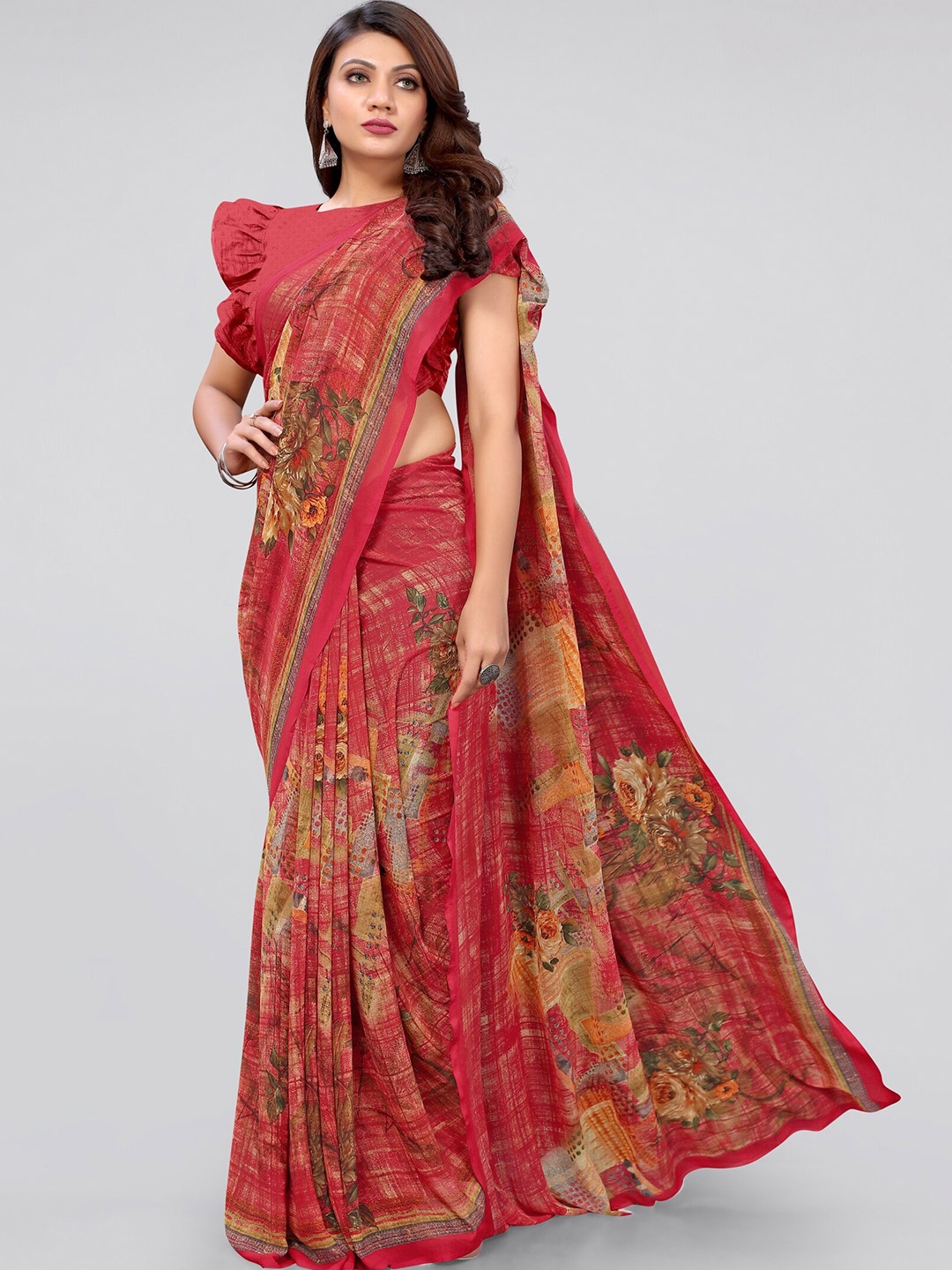 

MIRCHI FASHION Red & Green Floral Saree