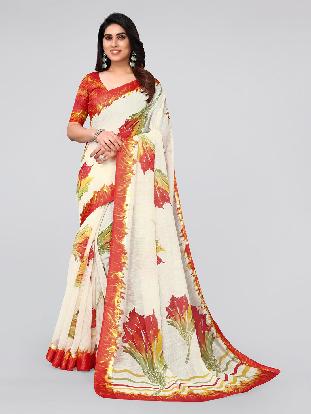 

MIRCHI FASHION Red & Cream-Coloured Floral Saree