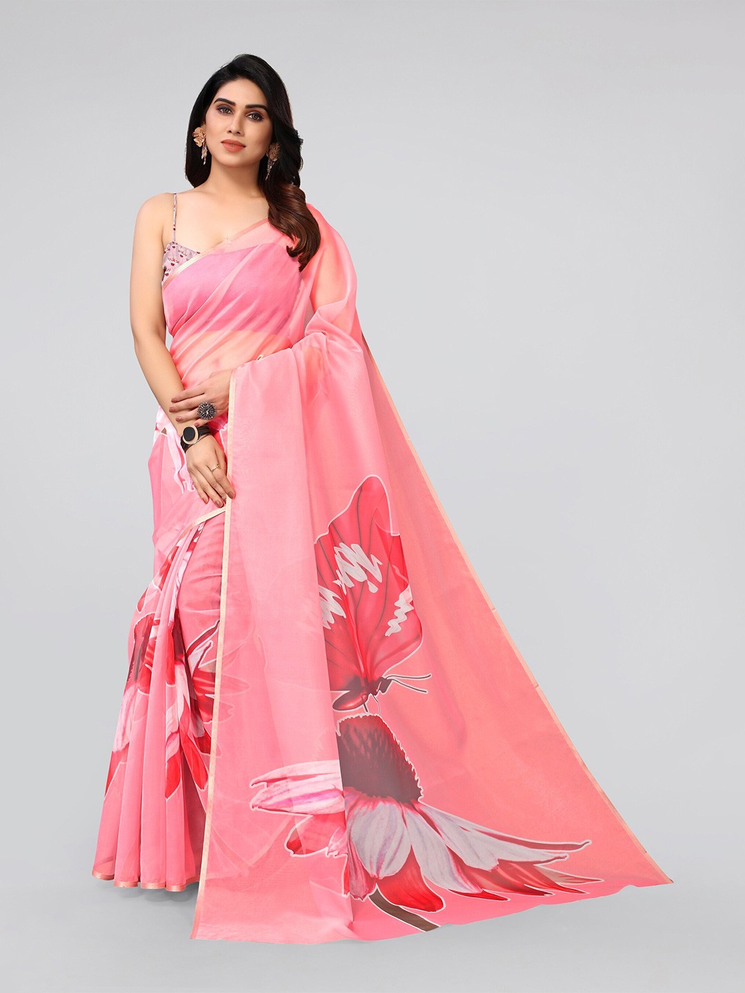 

MIRCHI FASHION Coral & Red Floral Zari Organza Saree