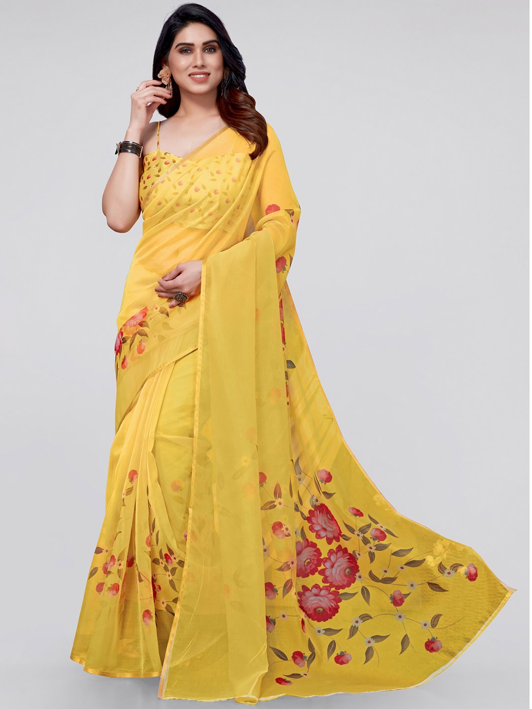 

MIRCHI FASHION Yellow & Red Floral Zari Organza Saree