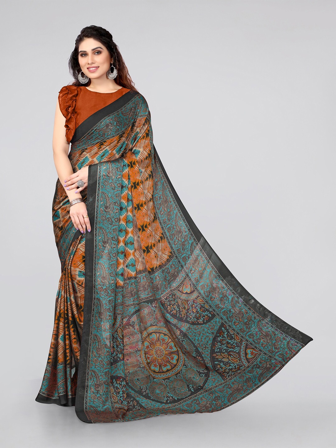 

MIRCHI FASHION Orange & Blue Kalamkari Saree