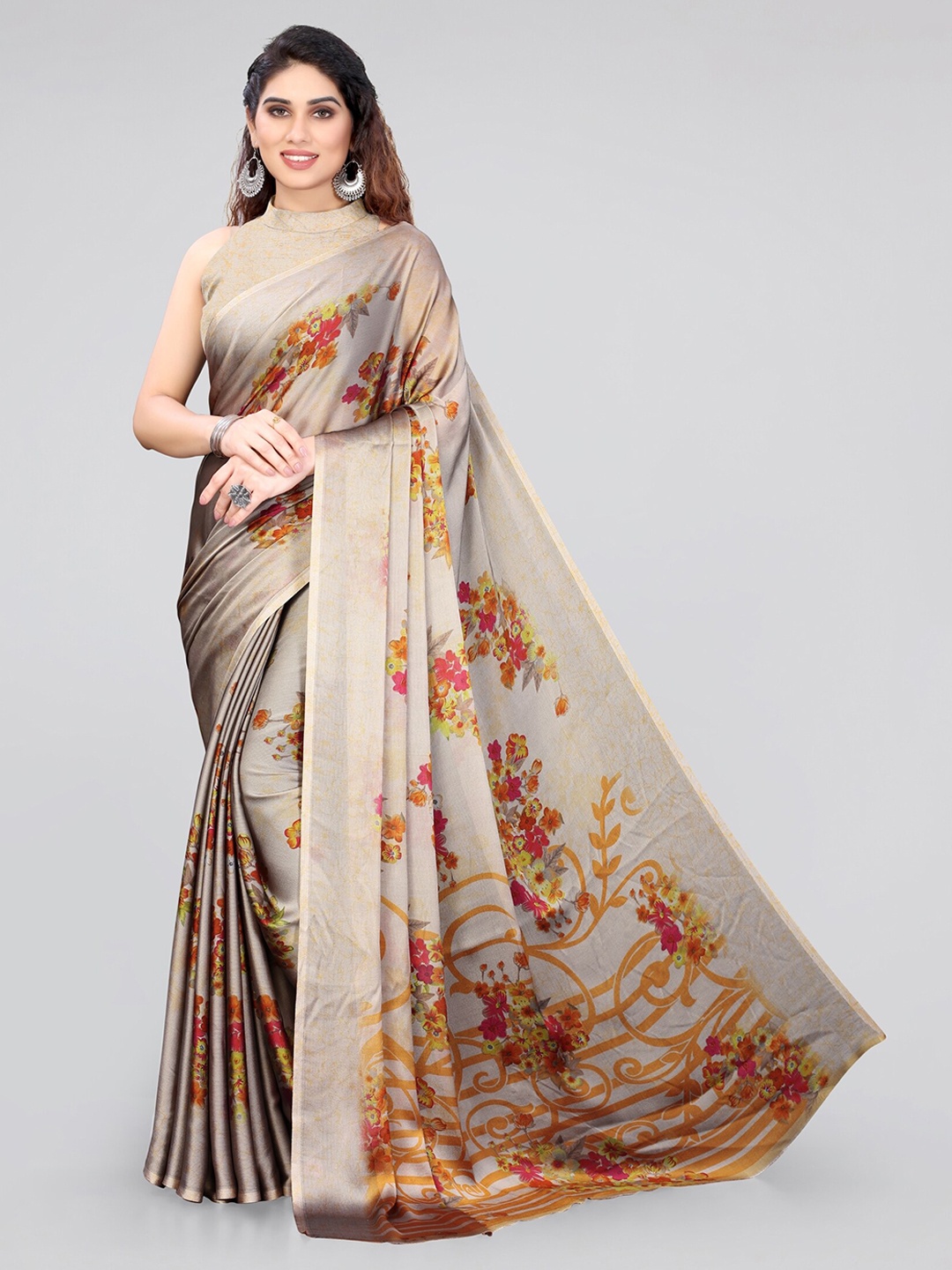 

KALINI Taupe & Yellow Floral Saree