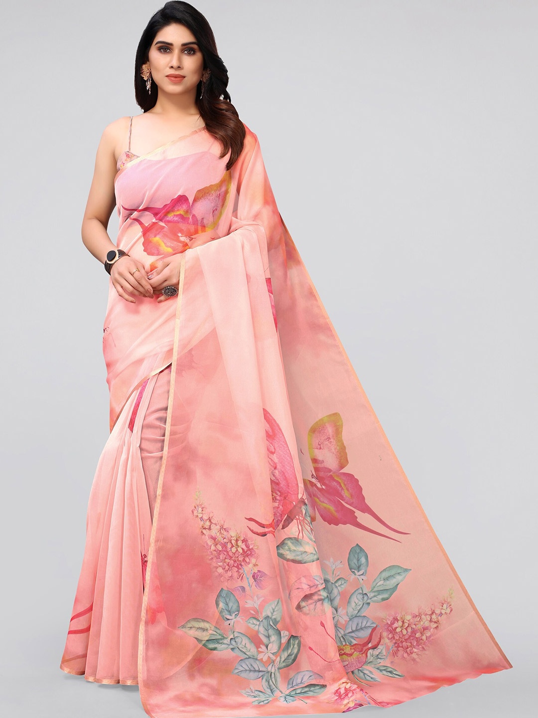 

MIRCHI FASHION Peach-Coloured & Green Floral Zari Organza Saree