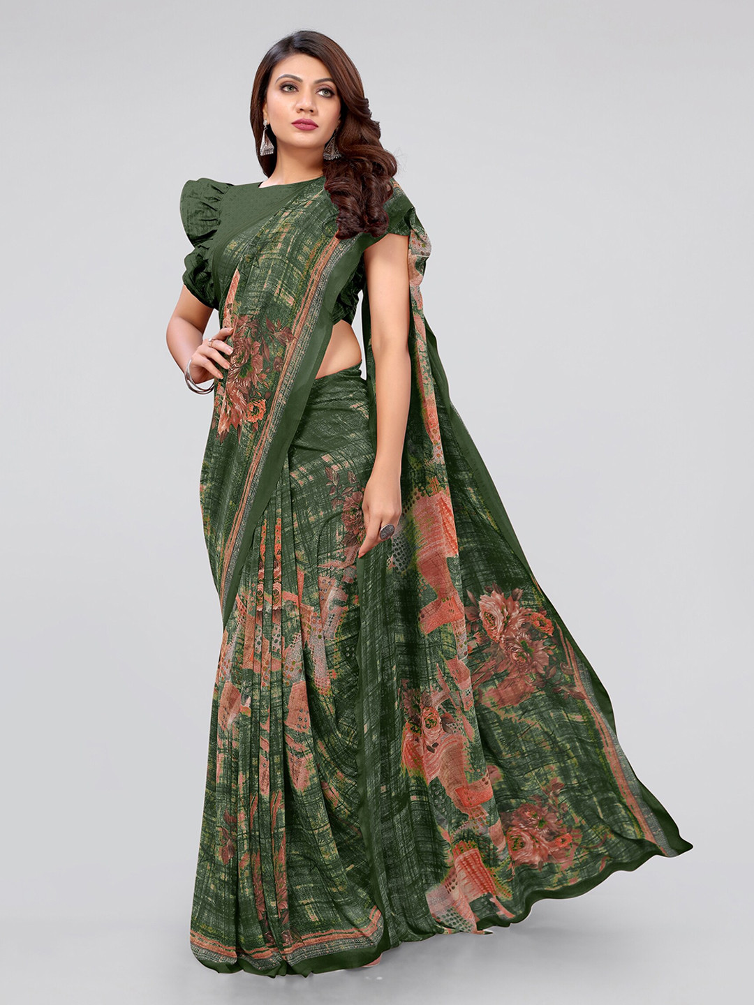 

MIRCHI FASHION Green & Pink Floral Saree