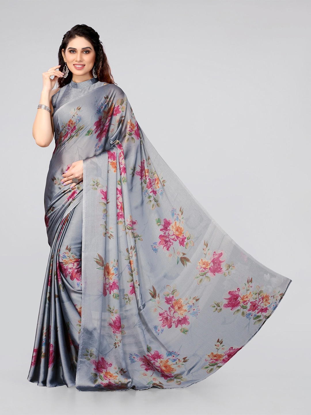 

KALINI Grey & Pink Floral Saree