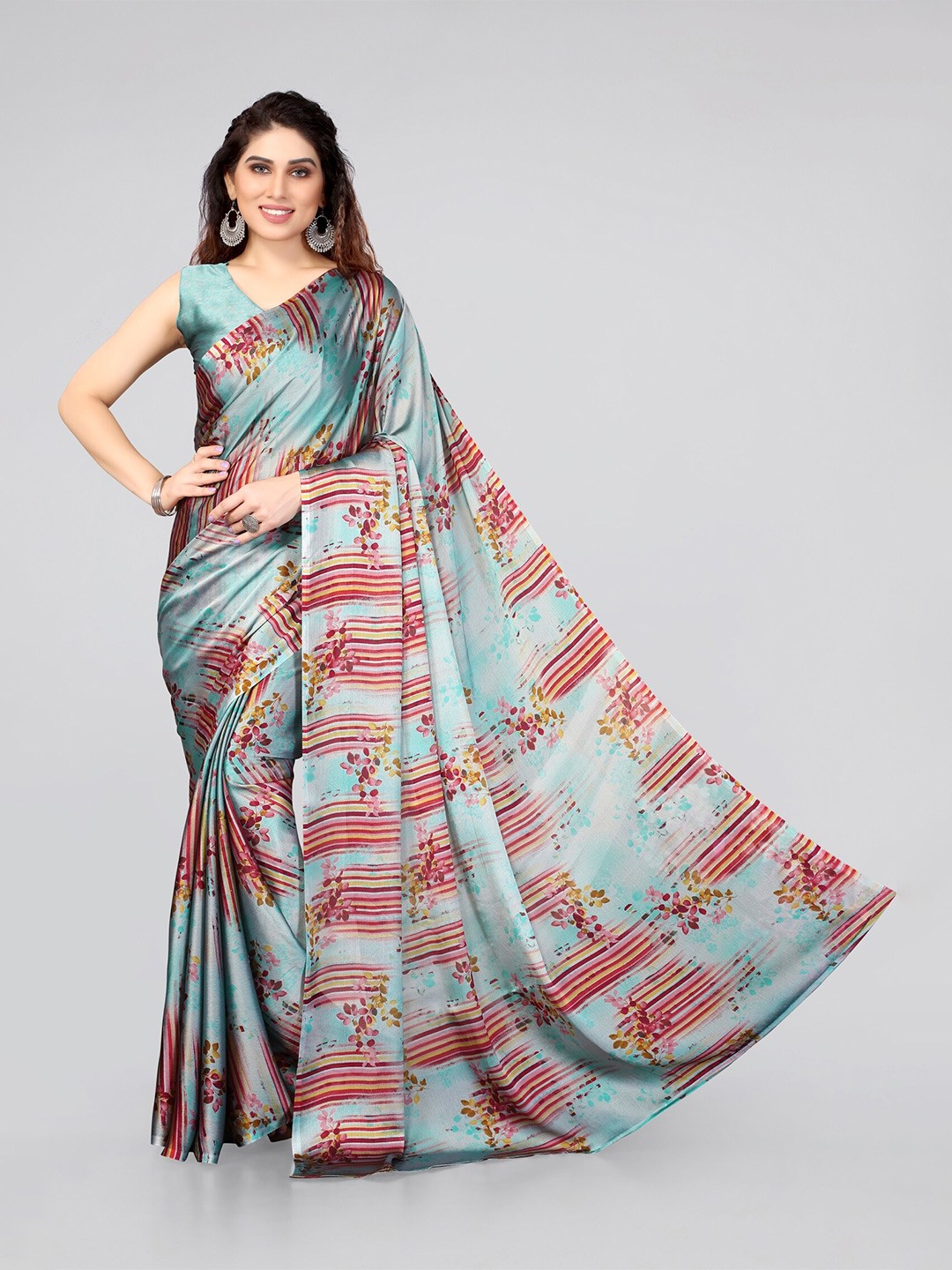 

MIRCHI FASHION Turquoise Blue & Maroon Striped Saree