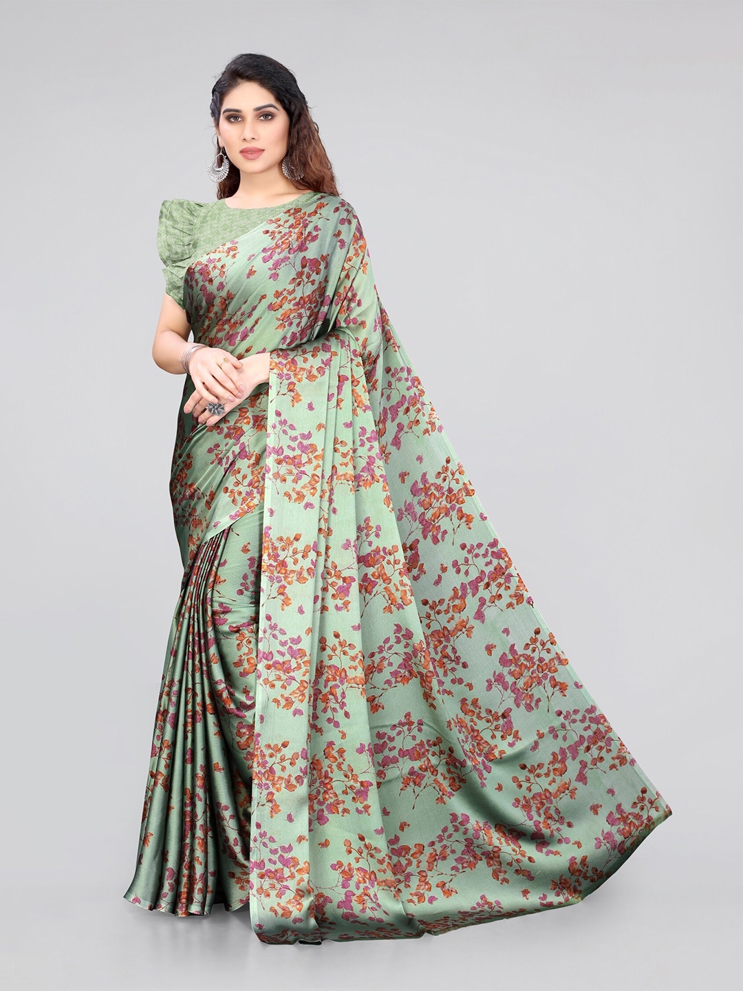 

KALINI Olive Green & Brown Floral Saree