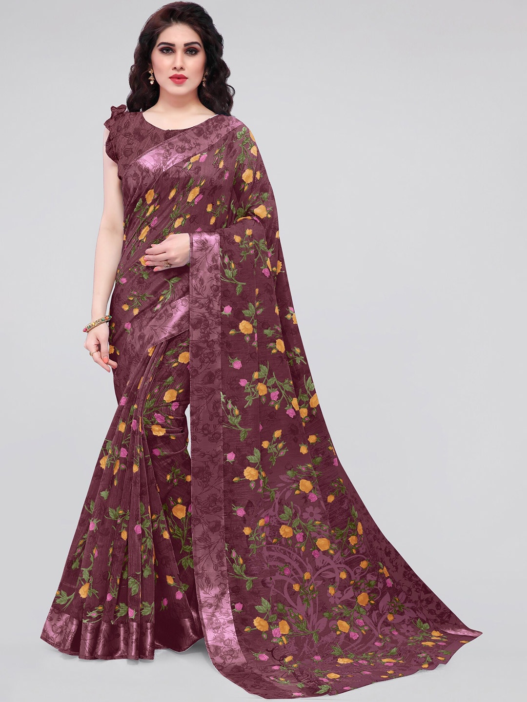 

MIRCHI FASHION Magenta & Yellow Floral Saree