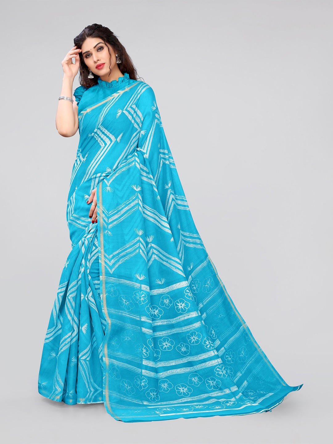 

MIRCHI FASHION Blue & White Zari Leheriya Saree