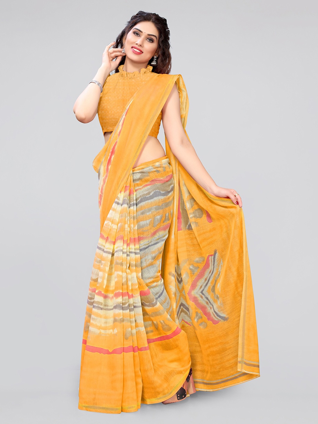 

KALINI Yellow & Grey Tie and Dye Zari Saree