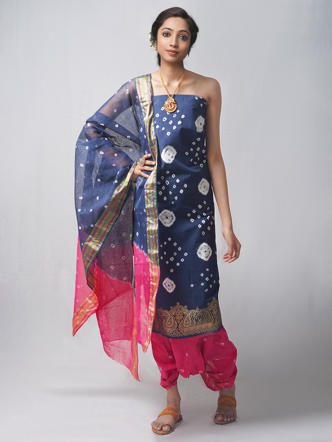 

Unnati Silks Pink & Blue Dyed Pure Cotton Unstitched Dress Material