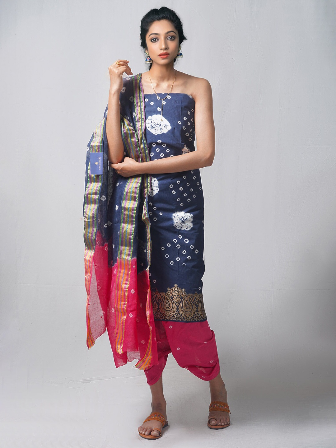 

Unnati Silks Pink & Blue Dyed Pure Cotton Unstitched Dress Material