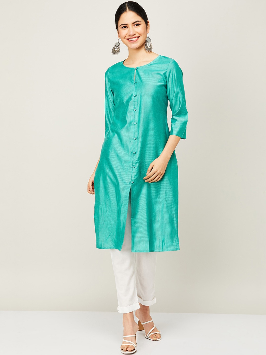 

Melange by Lifestyle Women Green Keyhole Neck Kurta