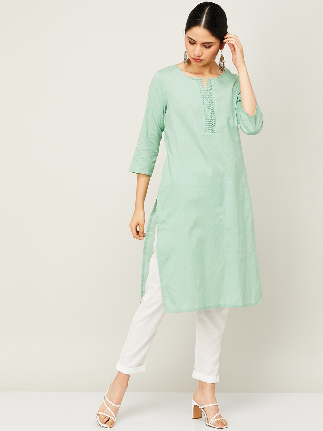 

Melange by Lifestyle Women Green & dusty aqua Flared Sleeves Thread Work Kurta