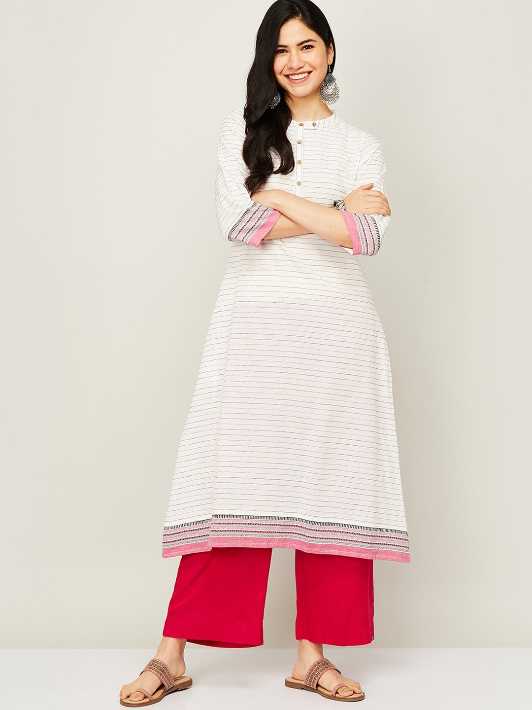 

Melange by Lifestyle Women White & delicacy Striped Thread Work Kurta