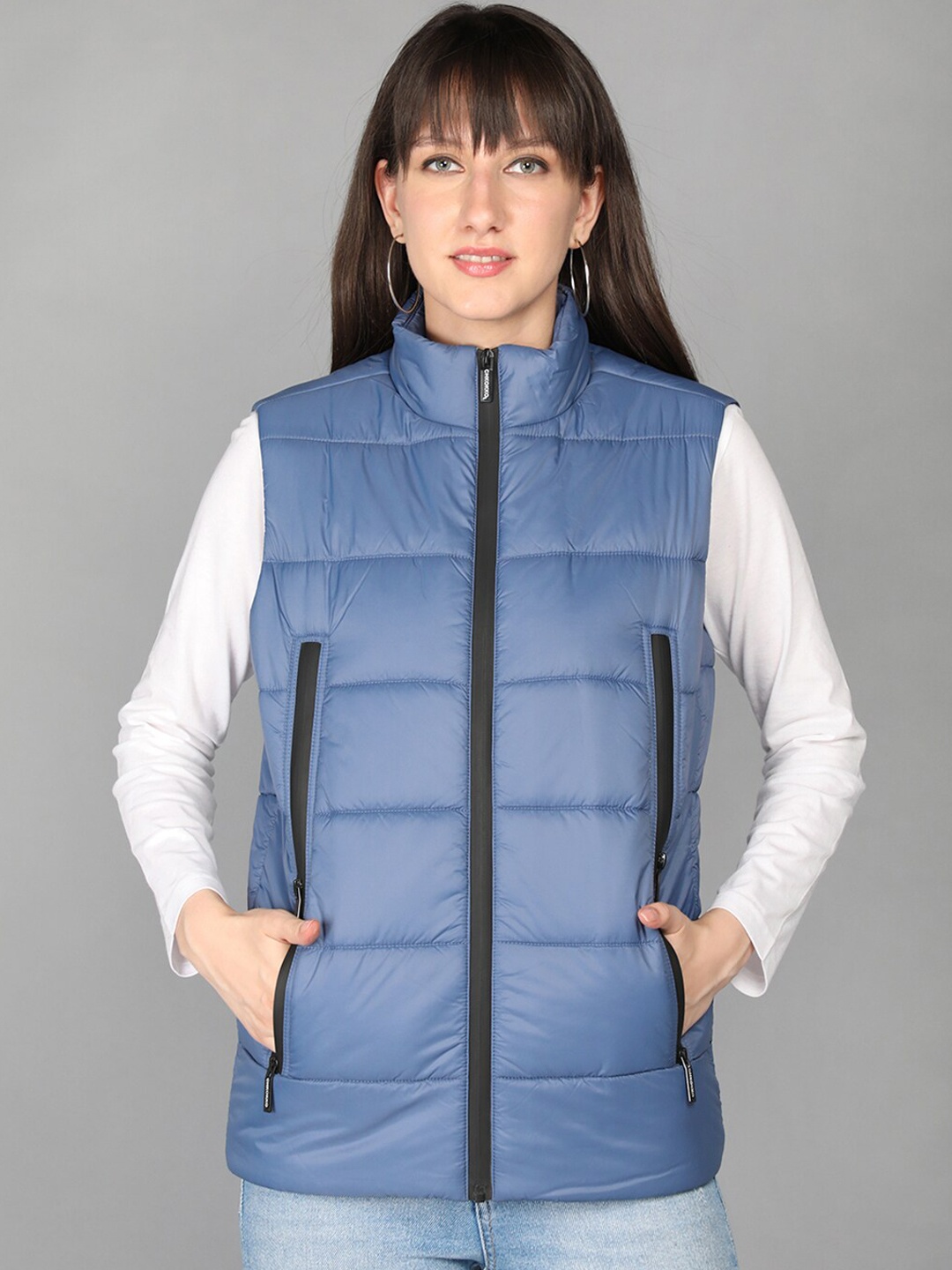 

CHKOKKO Women Blue Colourblocked Lightweight Crop Outdoor Puffer Jacket