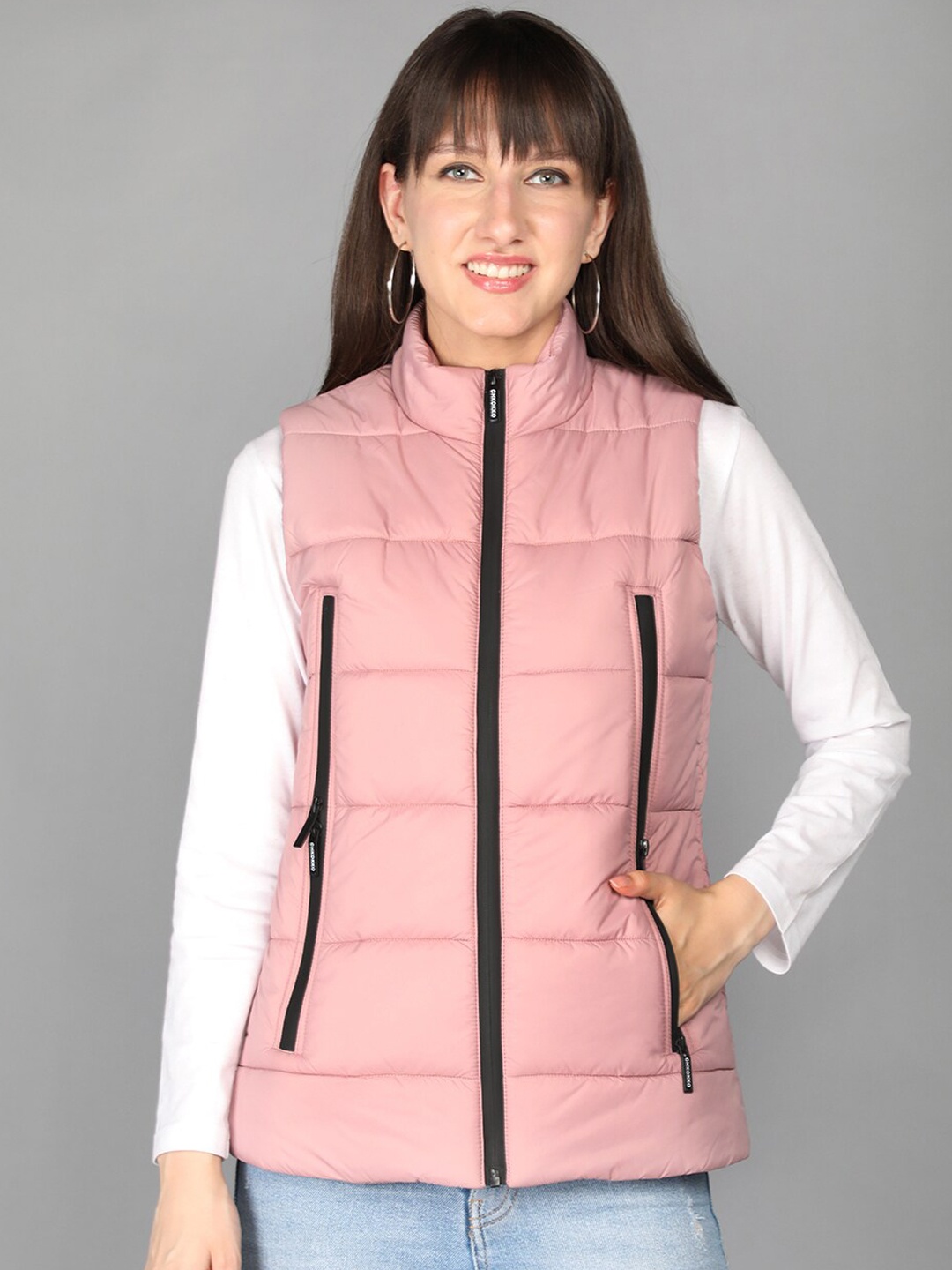 

CHKOKKO Women Pink gossamer pink Striped Lightweight Outdoor Padded Jacket