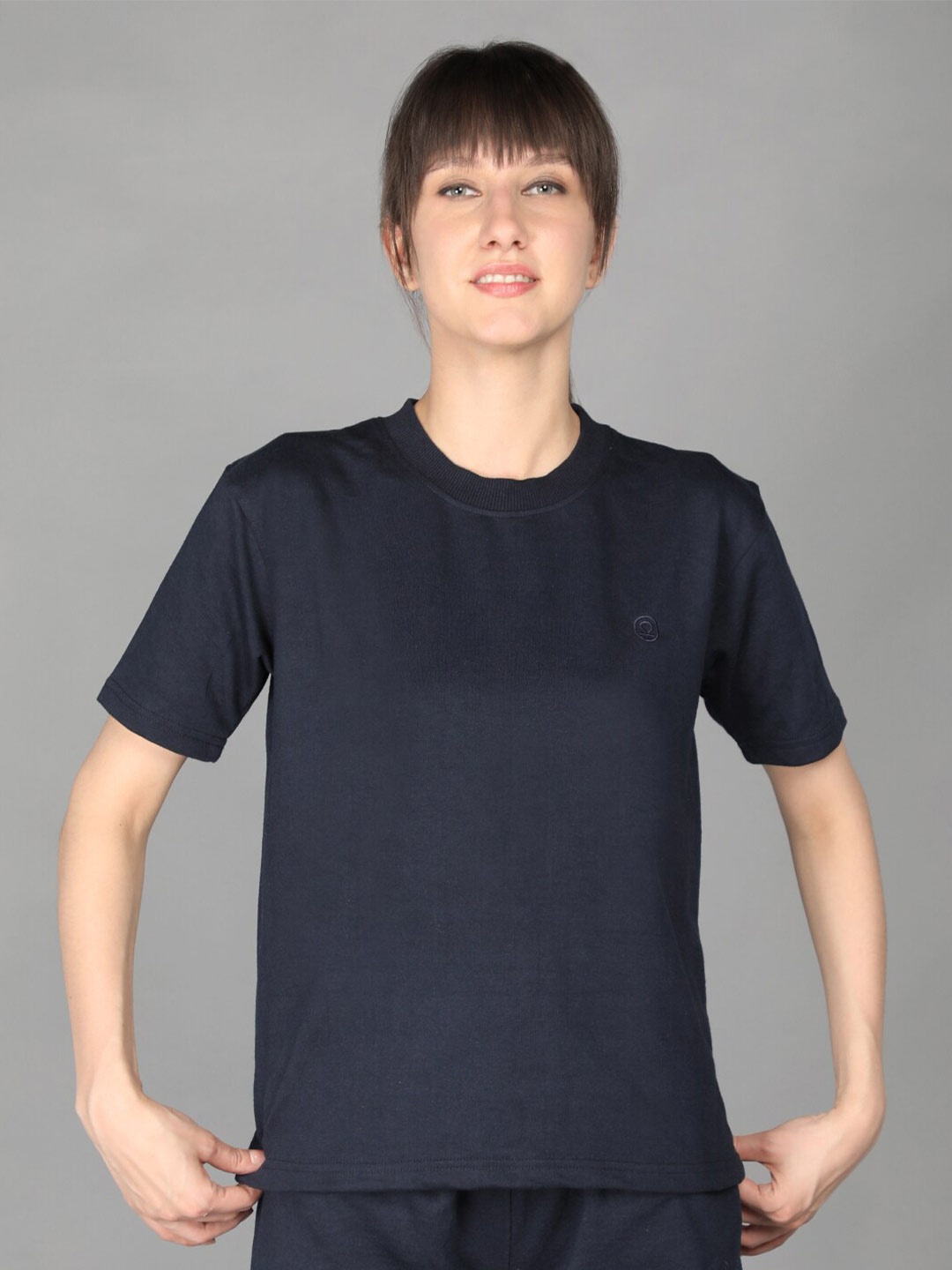 

Chkokko Women Navy Blue & dark denim Raw Edge T-shirt