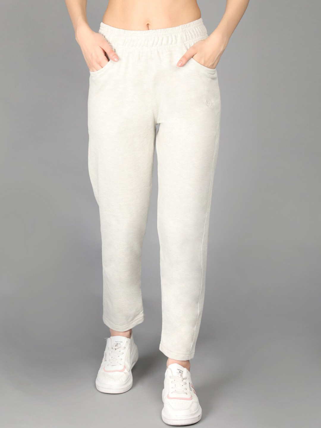 

CHKOKKO Women Off White Solid Cotton Track Pants