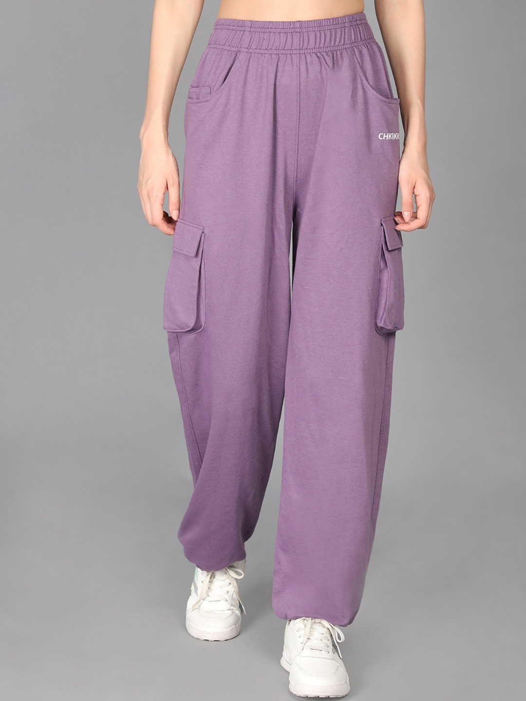 

CHKOKKO Women Purple Solid Pure Cotton Joggers Track Pants