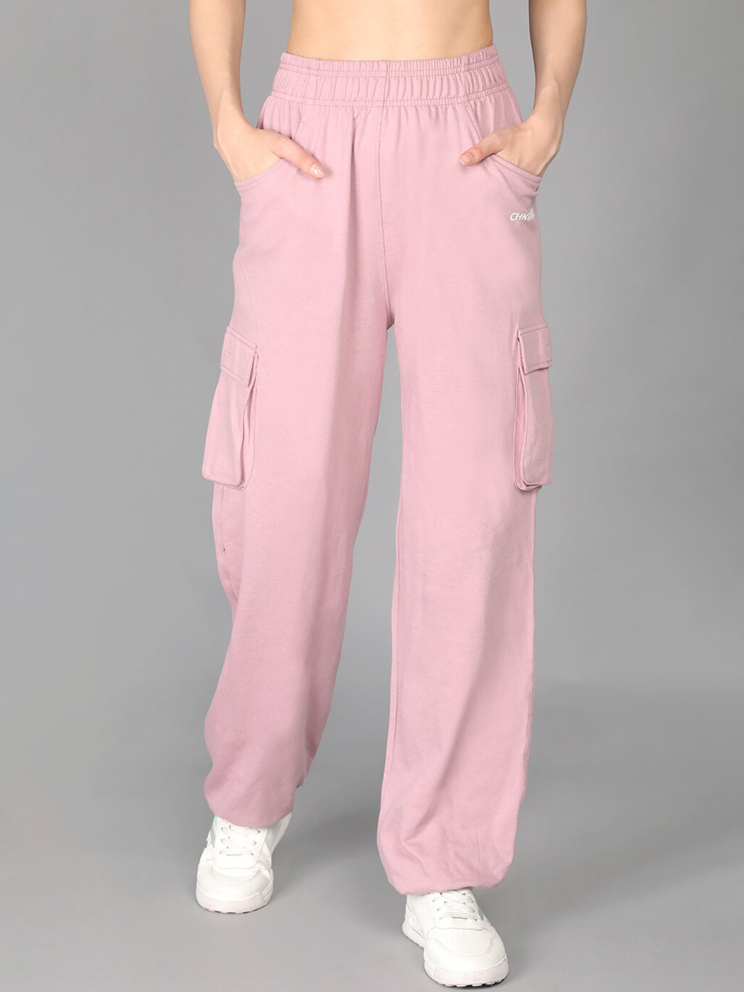 

CHKOKKO Women Pink Solid Cotton Relaxed Fit Track Pants