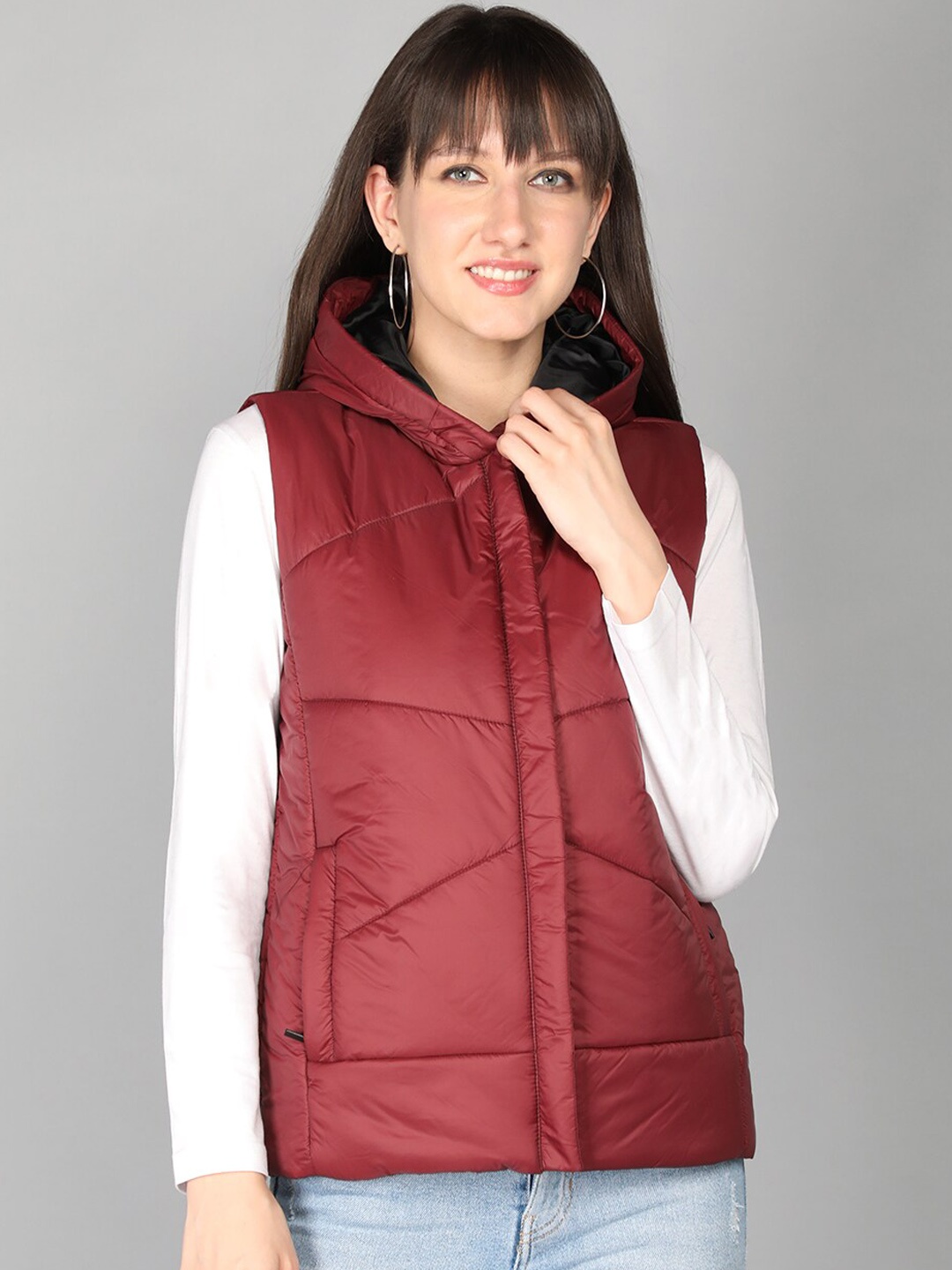 

CHKOKKO Women Maroon rococco red Lightweight Crop Outdoor Padded Jacket