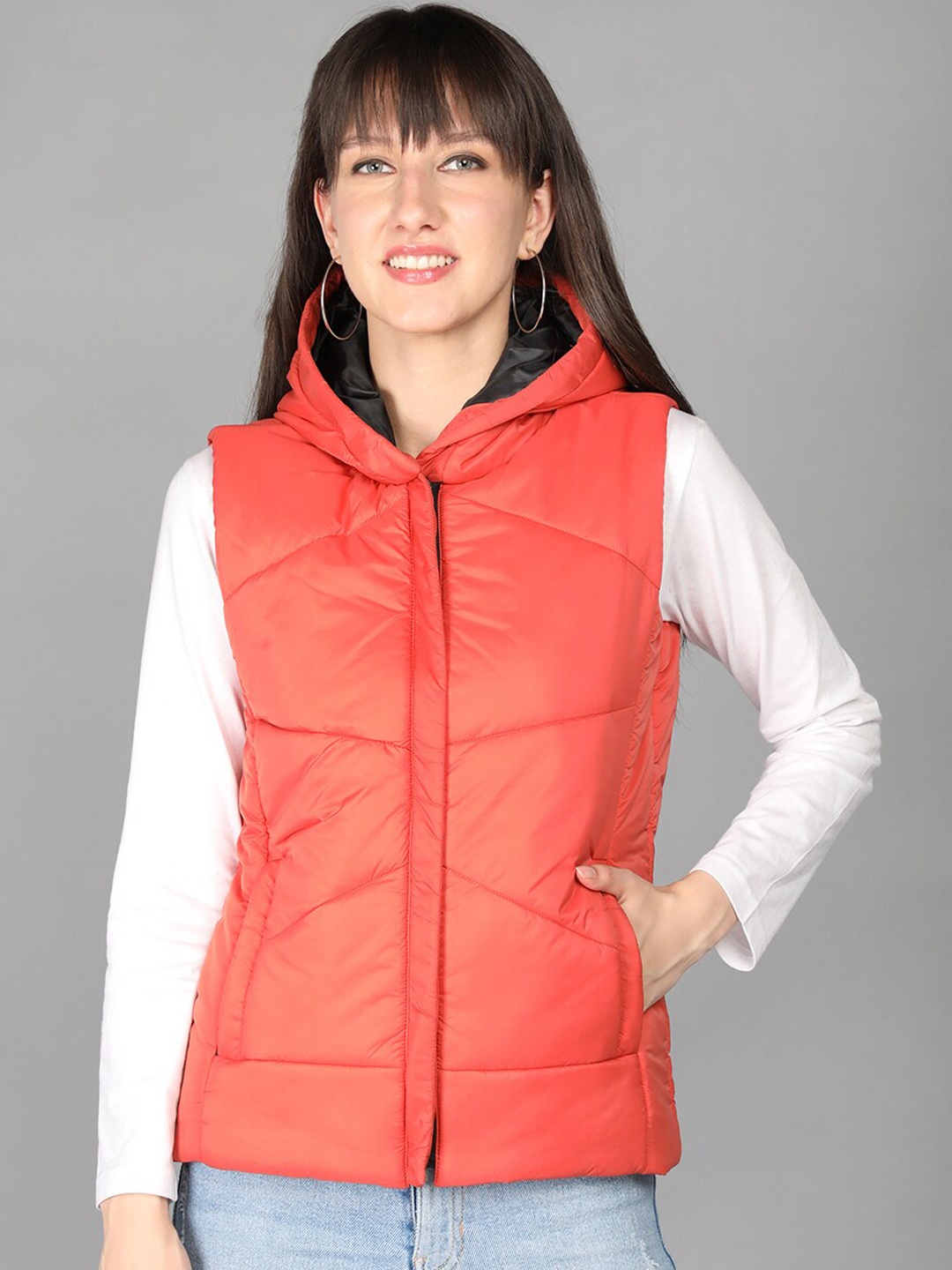 

CHKOKKO Women Peach-Coloured fresh salmon Lightweight Outdoor Puffer Jacket