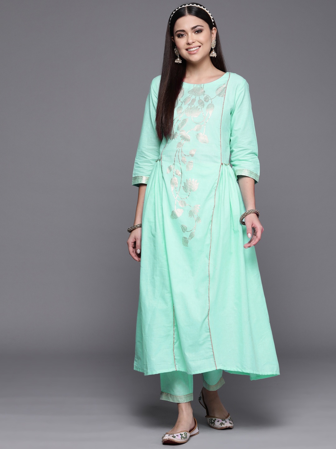 

Ahalyaa Women Blue Ethnic Motifs Pleated Sequinned Pure Cotton Kurta with Trousers