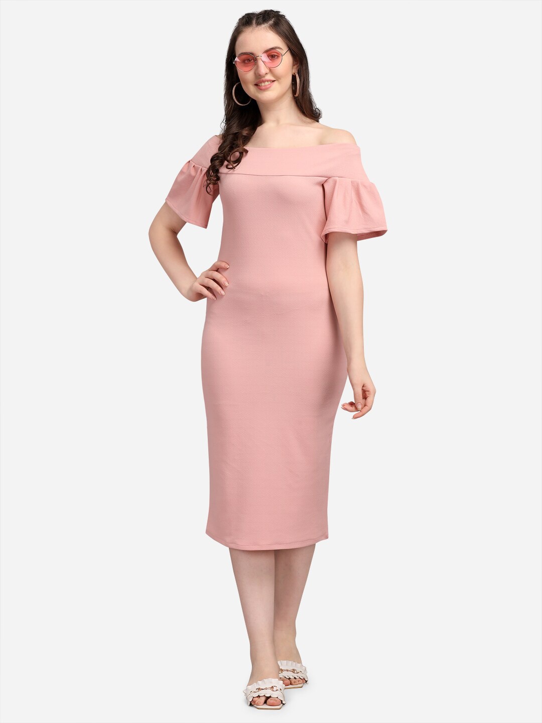 

PURVAJA Peach-Coloured & coral cloud Off-Shoulder Bodycon Midi Dress