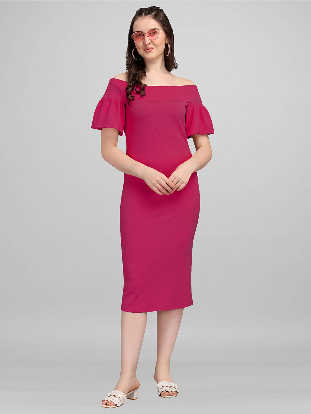 

PURVAJA Pink & amaranth Off-Shoulder Bodycon Midi Dress